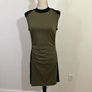 Daily‎ Practice M Dress Army Green Black Ruched Sides Midi Length Stretch Brunch